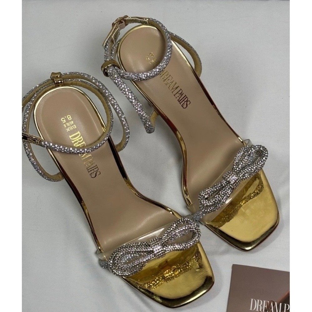 DREAM PAIRS Womens 8.5 Gold Rhinestone Bow Strappy Stiletto Heels Sandals